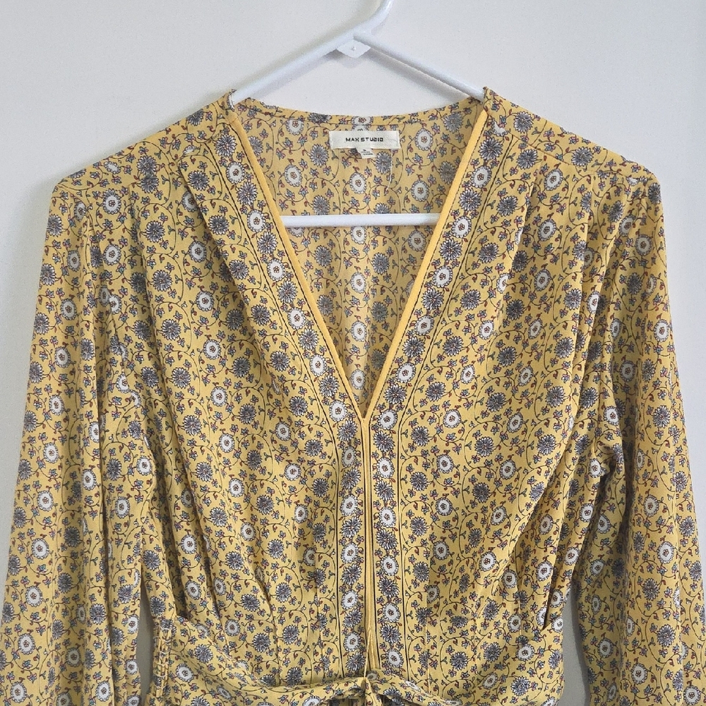 Maeve Mustard Yellow Floral V-Neck Tie-Front Dress